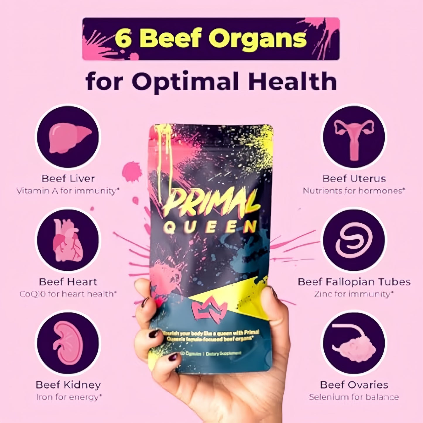 Primal Queen Female-Optimized Beef Organ Superfood Supplement (Beef Liver, Kidney, Heart, & 3 More) - 100% Grass Fed, Pasture Raised Cattle - Balance Hormones, Energy, & More for Women