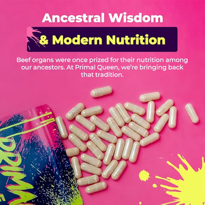 Primal Queen Female-Optimized Beef Organ Superfood Supplement (Beef Liver, Kidney, Heart, & 3 More) - 100% Grass Fed, Pasture Raised Cattle - Balance Hormones, Energy, & More for Women