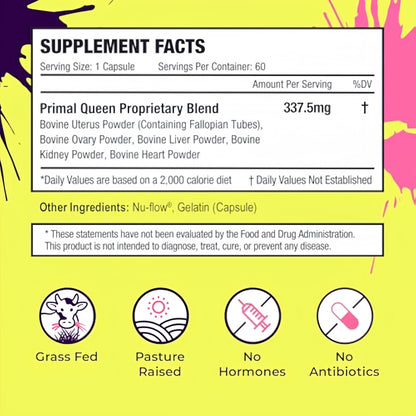 Primal Queen Female-Optimized Beef Organ Superfood Supplement (Beef Liver, Kidney, Heart, & 3 More) - 100% Grass Fed, Pasture Raised Cattle - Balance Hormones, Energy, & More for Women